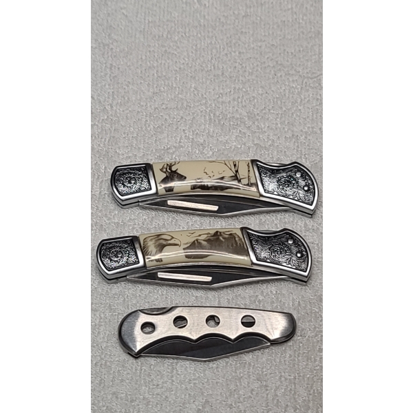 (3) Stainless Steel Folding Pocket Knives With Deer & Eagle Motif 