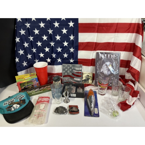 American Flag - Metal American Flag Stand - Ride Free Eagle Metal Poster - Glass Cups - Shot Glasses