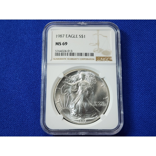 1987 $1 American Siver Eagle 1 oz Fine Silver Graded by NGC MS 69