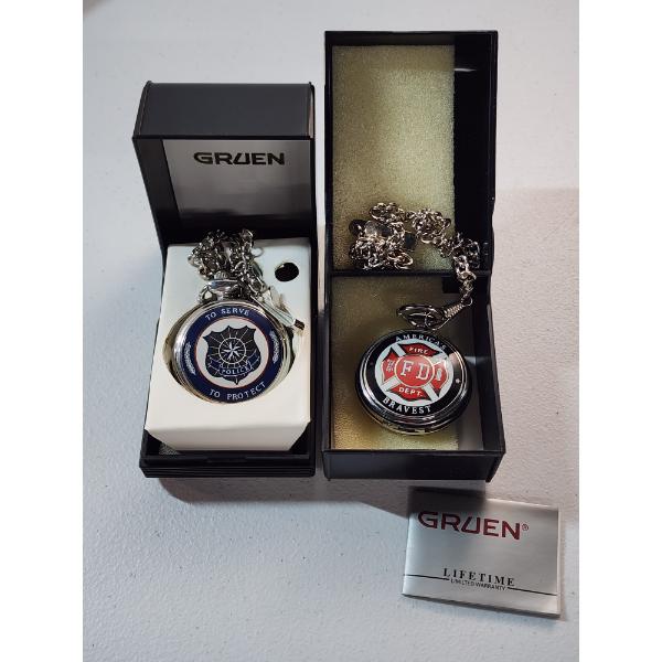 Two Silver-Tone Gruen Pocket Watches: Police Dept. & Fire Dept. Designs