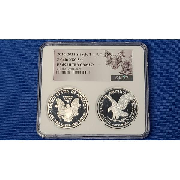 NGC 2 Coin Set 2020 - 2021-S PF 69 Ultra Cameo T-1 & T-2 1 0z Silver American Eagles