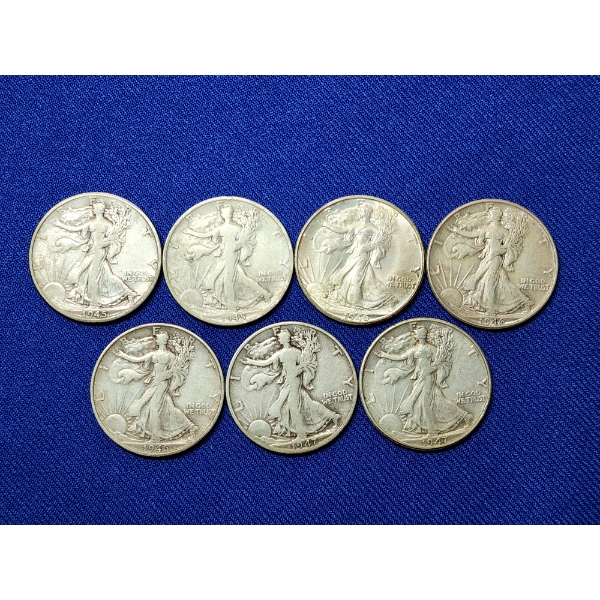 x7 Assorted Years 90% Silver Walking Liberty Half Dollars FV: $3.50