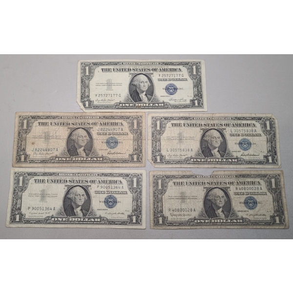 Series 1935 E, 1957, 1957 A, 1957 B $1 Silver Certificates - Face Value: $5.00