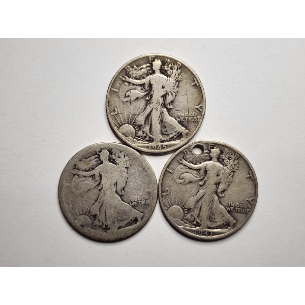 Three Walking Liberty 90% Silver Half Dollars ~ 1943, 1945 & No Date ~ $1.50 Face Value