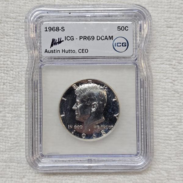 Austin Hutto Signed 1968-S 40% Silver Kennedy Half Dollar, graded PR69 DCAM by the ICG