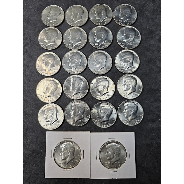 (20) Bicentennial Kennedy Halves and (2) 40% Silver Kennedy Halves - $11 FV