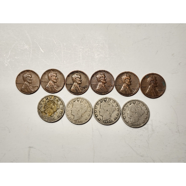 x10 Assorted Years U.S. Coins Including Barber "V" Nickels and Wheat Pennies 