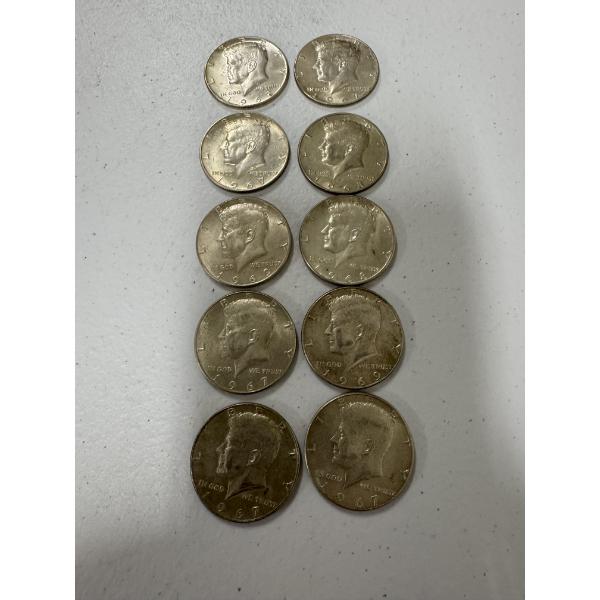 10 - Late 1960's 40% Silver Kennedy Half Dollars - Face Value: $5.00