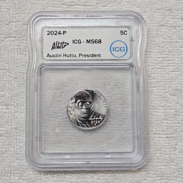 Austin Hutto Signed 2024-P Jefferson Nickel, certified by ICG as Mint State 68