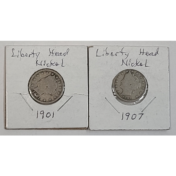 1901 & 1907 U.S Barber "V" Nickels - Face Value: $0.02