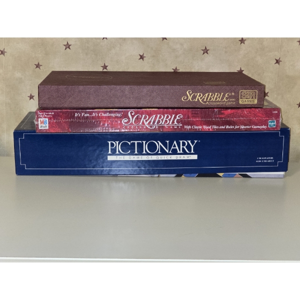 3 Board Games - Scrabble Vintage, Scrabble New and Pictionary