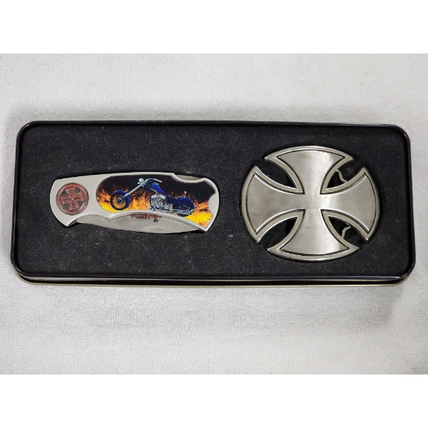 Choppers Till You Die Knife & Belt Buckle Set in Metal Tin