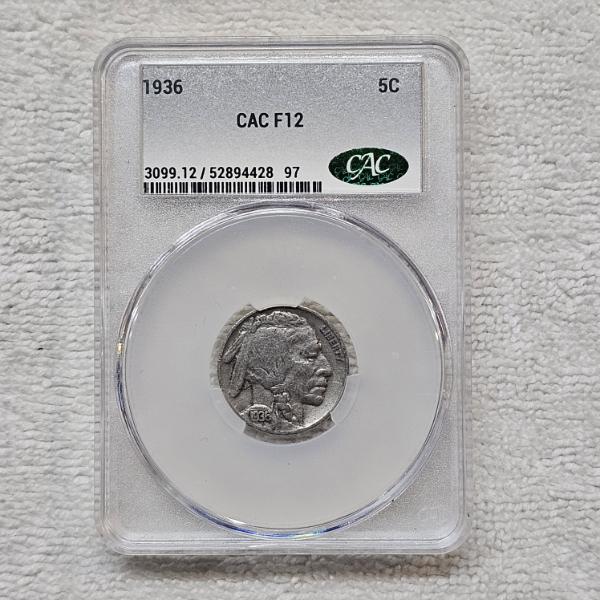 1936 5C Buffalo Nickel CAC F12 Coin