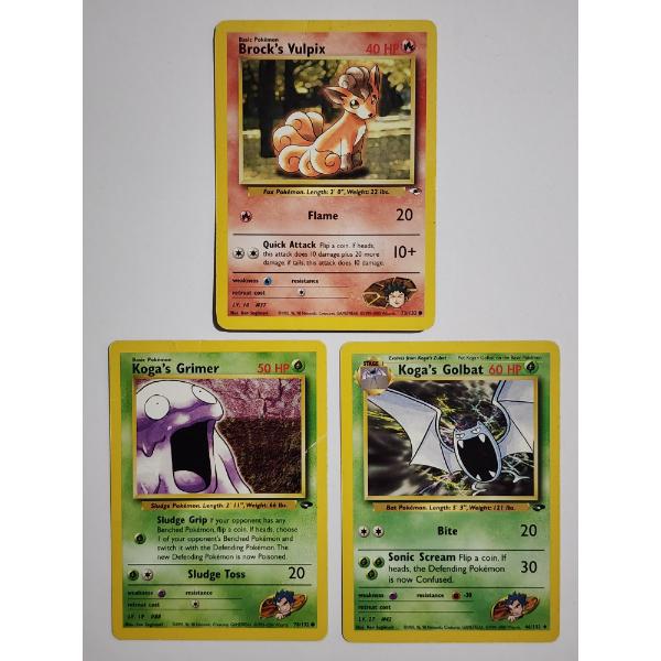Three Vintage Pokemon Trading Cards ~ 3 Different Pokemon ~ Koga & Brock's ~ 2000 GYM & WotC Era!