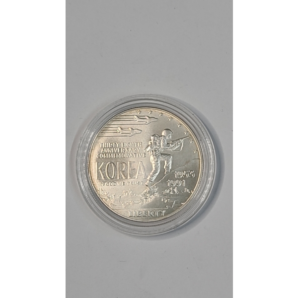 United States 1991-D Korean War Memorial Commemorative 90% Silver Dollar In Coin Capsule