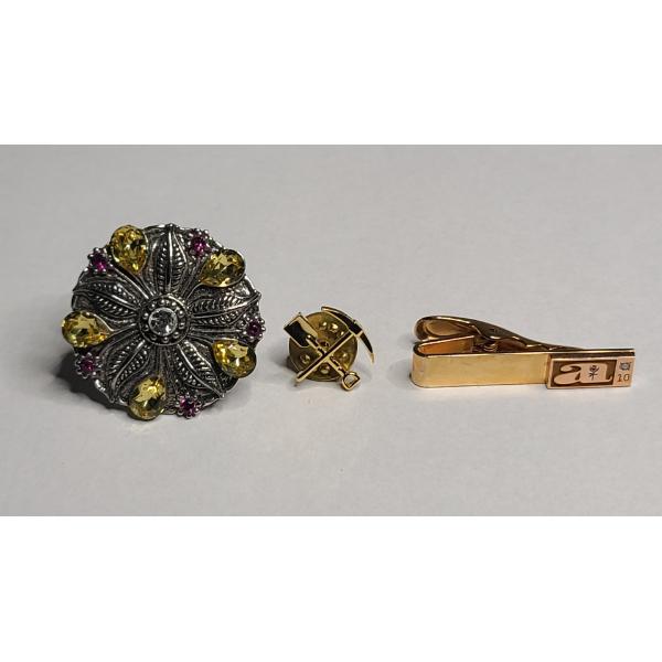 Gold-filled 10 Year Service Tie-Clip With Diamond, Construction Spade Pin & Handbag Hanger