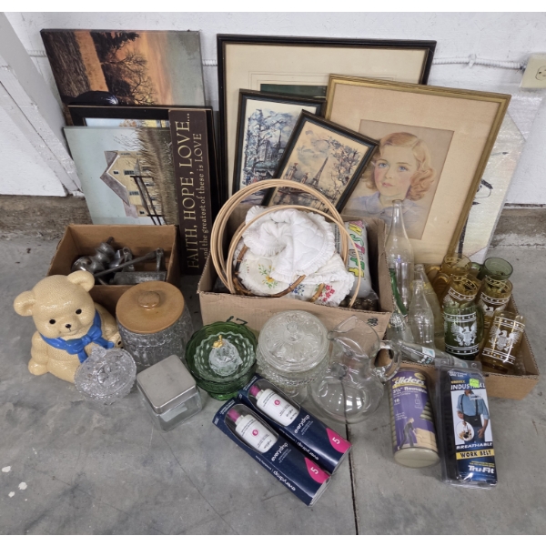  Craft Items, Art Work, Vintage Glass Mugs, Cookie Jars, Candy Dishes, Sausage Grinder & More