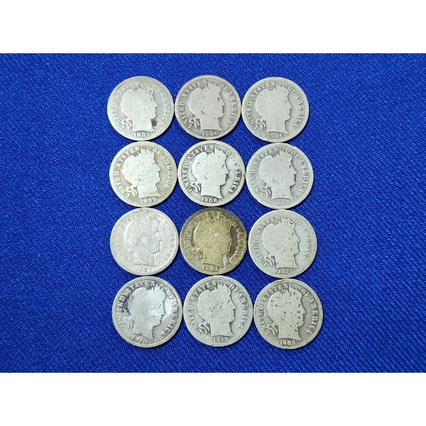 x12 Assorted Years 90% Silver Barber Dimes FV: $1.20