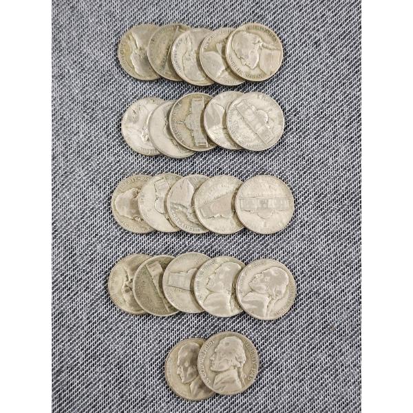 Lot of 22 Assorted Silver Wartime Nickels - $1.10 Face Value