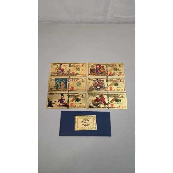 (6) Scrooge McDuck Characters 24K Gold Foil Banknotes Set w/ COA