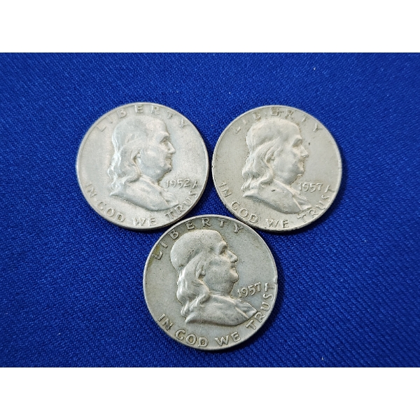 x3 United States 90% Silver Franklin Half Dollars: 1952, 1957, 1957