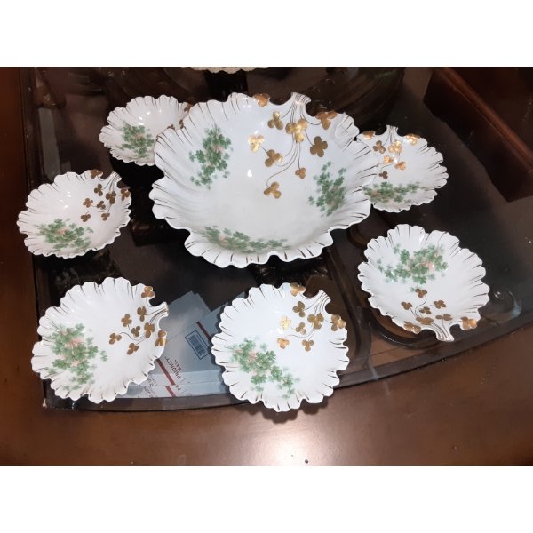 Antique Set - 7 Pcs Austrian Porcelain Floral Ruffled Hand Painted Bowls 10" Main - 5 1/2" Others - 