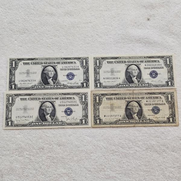 Four Vintage U.S. $1 Silver Certificates (Series 1935E, 1957, and 1957A) with Blue Seals FV: $4.00