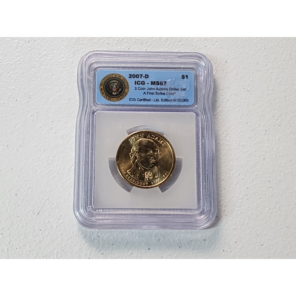 2007-D ICG MS67 John Adams Presidential $1 Coin 