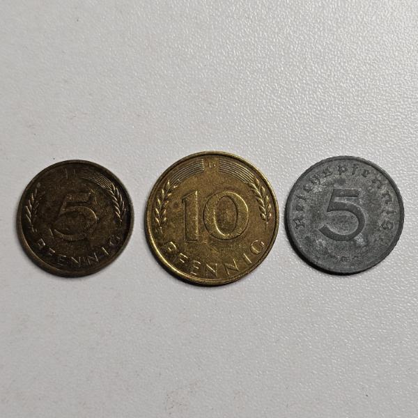 Vintage German Coins, featuring Denominations of 5 and 10 Pfennig