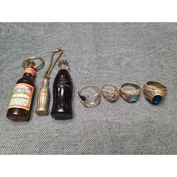 Lot of Four Sterling Silver Rings (32 Grams) With Assorted Coca-Cola & Budweiser Collectibles