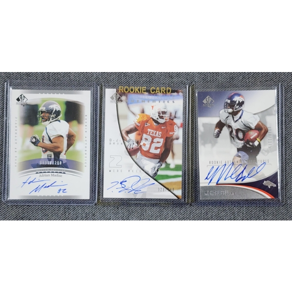 Three Upper Deck Denver Broncos AUTOGRAPHED & NUMBERED Rookie Authentics Football Trading Cards 