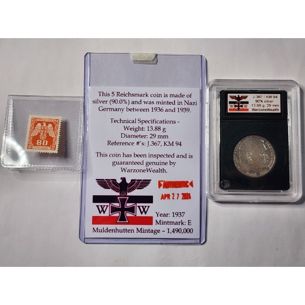 1934 German 90% Silver 5 Reichsmark Coin in Slab Protector With German Nazi Stamp & Added Info Card