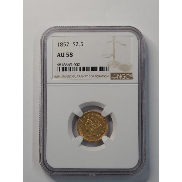 NGC AU 58 1852 Liberty Head $2.50 Quarter Eagle 90% Gold Coin