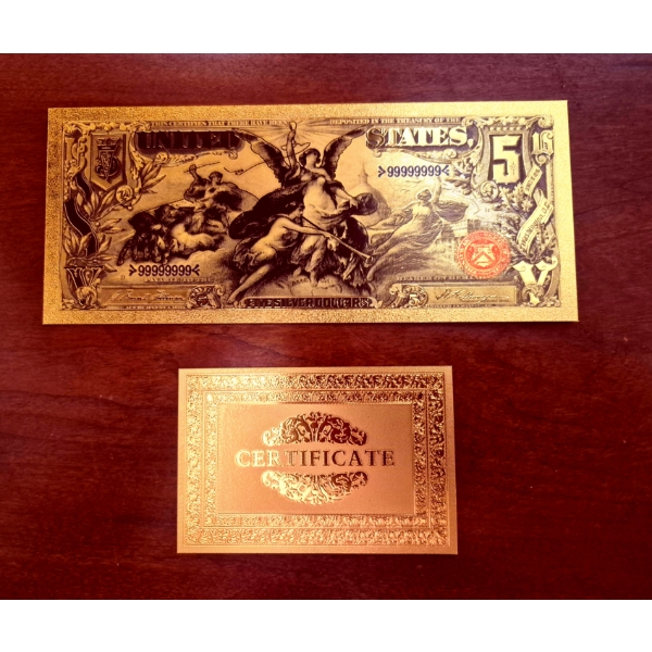 Pure 24k 999 Gold Foil United States 1896 Educational $5 Lg Note Processed in Pure GOLD wCOA