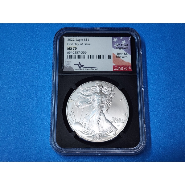 NGC MS 70 2022 1oz American Silver Eagle - First Day of Issue - Mercanti Signed!