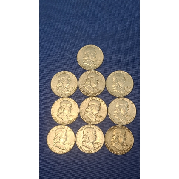 Assorted Years 90% Silver Franklin Half Dollars - Face Value: $5.00