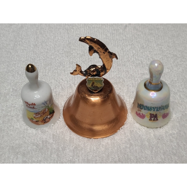 Lot of Three Assorted State Collectible Souvenir Bells - Myrtle Beach SC, Florida & Pennsylvania PA