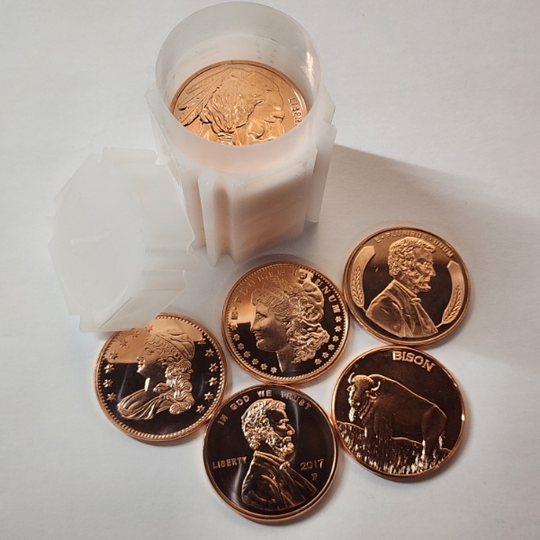 Tube Of (20) 1 ADVP Ounce .999 Fine Copper Rounds With Assorted Motifs