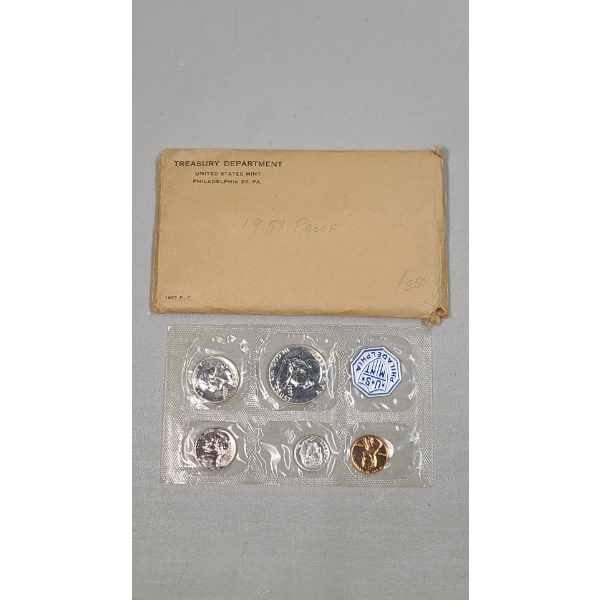 1957 United States Mint Proof Coin Set Featuring 1957 90% Silver Franklin Half Dollar