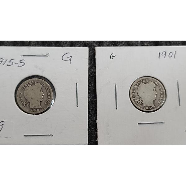 1901 & 1915-S Barber 90% Silver Dimes