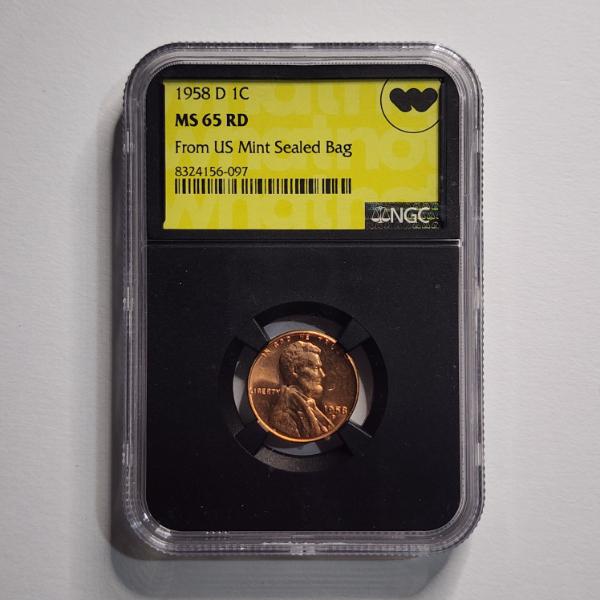 NGC MS65 RD Graded United States 1958-D Wheat Penny From US Mint Sealed Bag ~ WhatNot Slab
