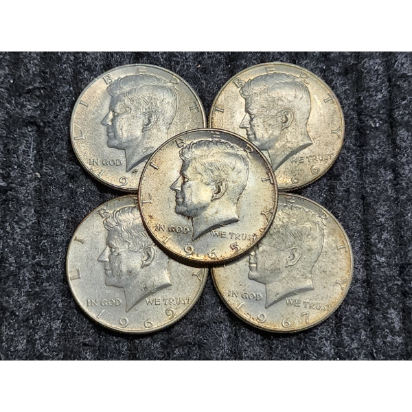 Five United States 40% Silver Kennedy Half Dollars ~ $2.50 Face Value