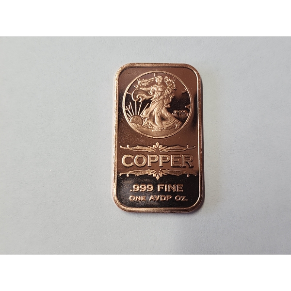 1 AVDP Ounce .999 Fine Copper Bar - Walking Liberty Design - Mint Condition