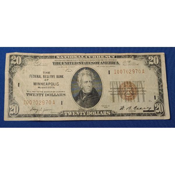 Series 1929 $20 Federal Reserve Bank Of Minneapolis Minnesota Brown Seal Bank Note - Face Value: $20