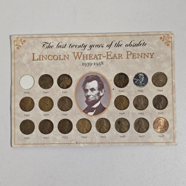 Mostly Filled Lincoln Wheat-Ear Penny 1939-1958 Coin Collection Display Panel FV: $.19