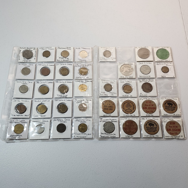 Two Binder Pages of Assorted Tokens/Medals: Gaming, Wooden Nickels, Commemoratives, & More! 