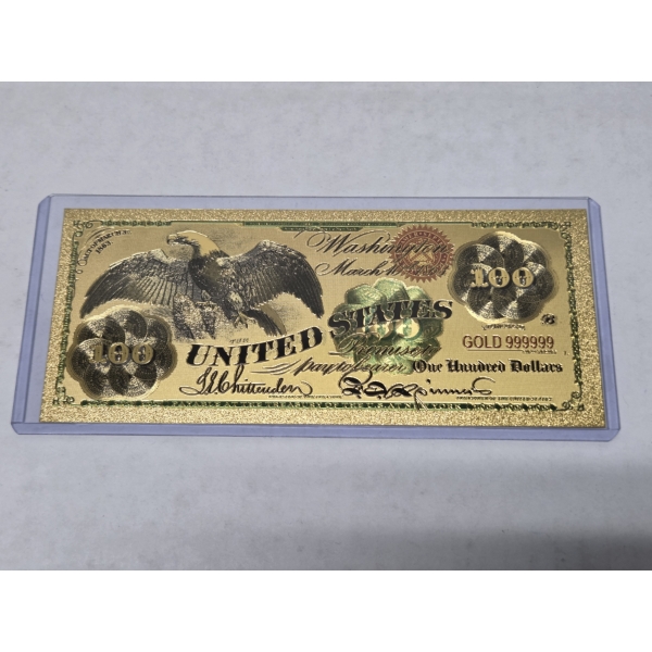 Pure 24k .999 Gold Foil United States 1863 "$100 FLYING EAGLE" Large Note In Pure Gold