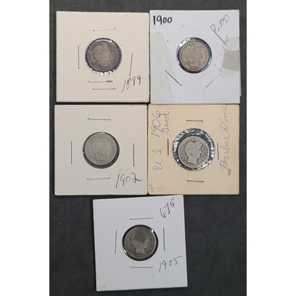 Assorted Years U.S Barber 90% Silver Dimes -1899, 1900, 1902, 1905, 1906 - Face Value: $0.50