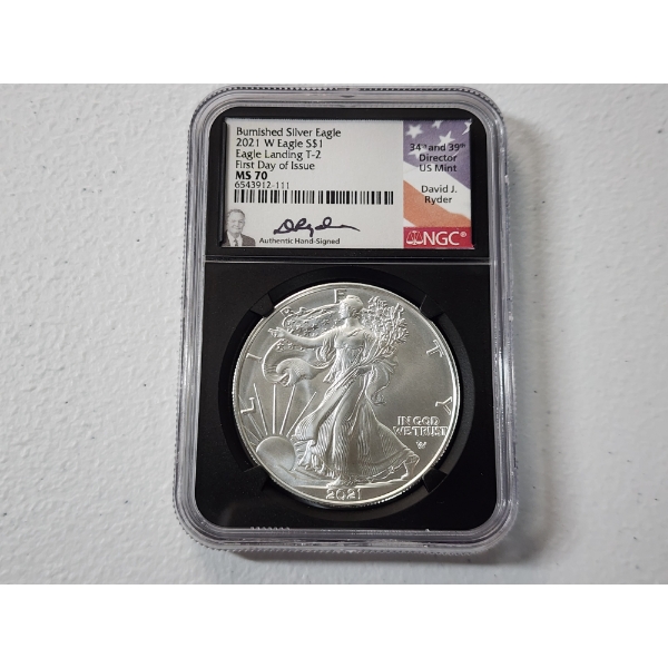 2021-W NGC Eagle Landing T-2 FDOI Burnished MS 70 1 oz Silver American Eagle- Signed