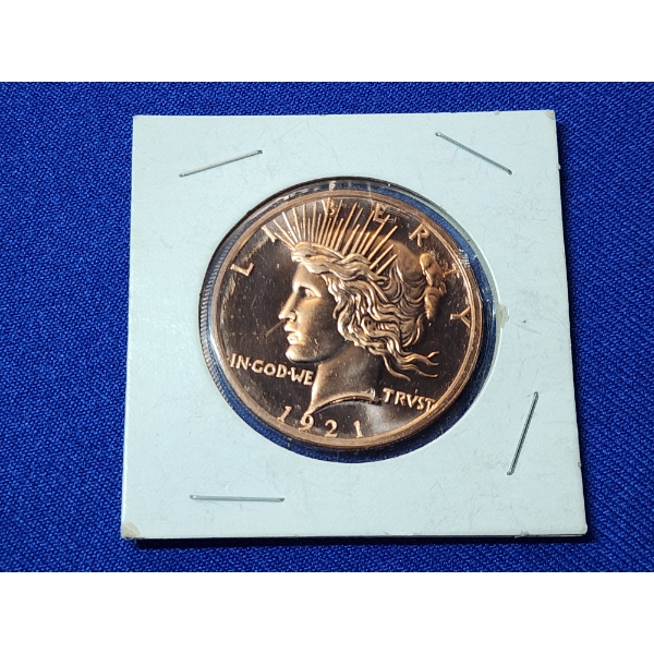 One AVDP Ounce .999 Fine Copper Round - 1921 Peace Dollar Copy Design
